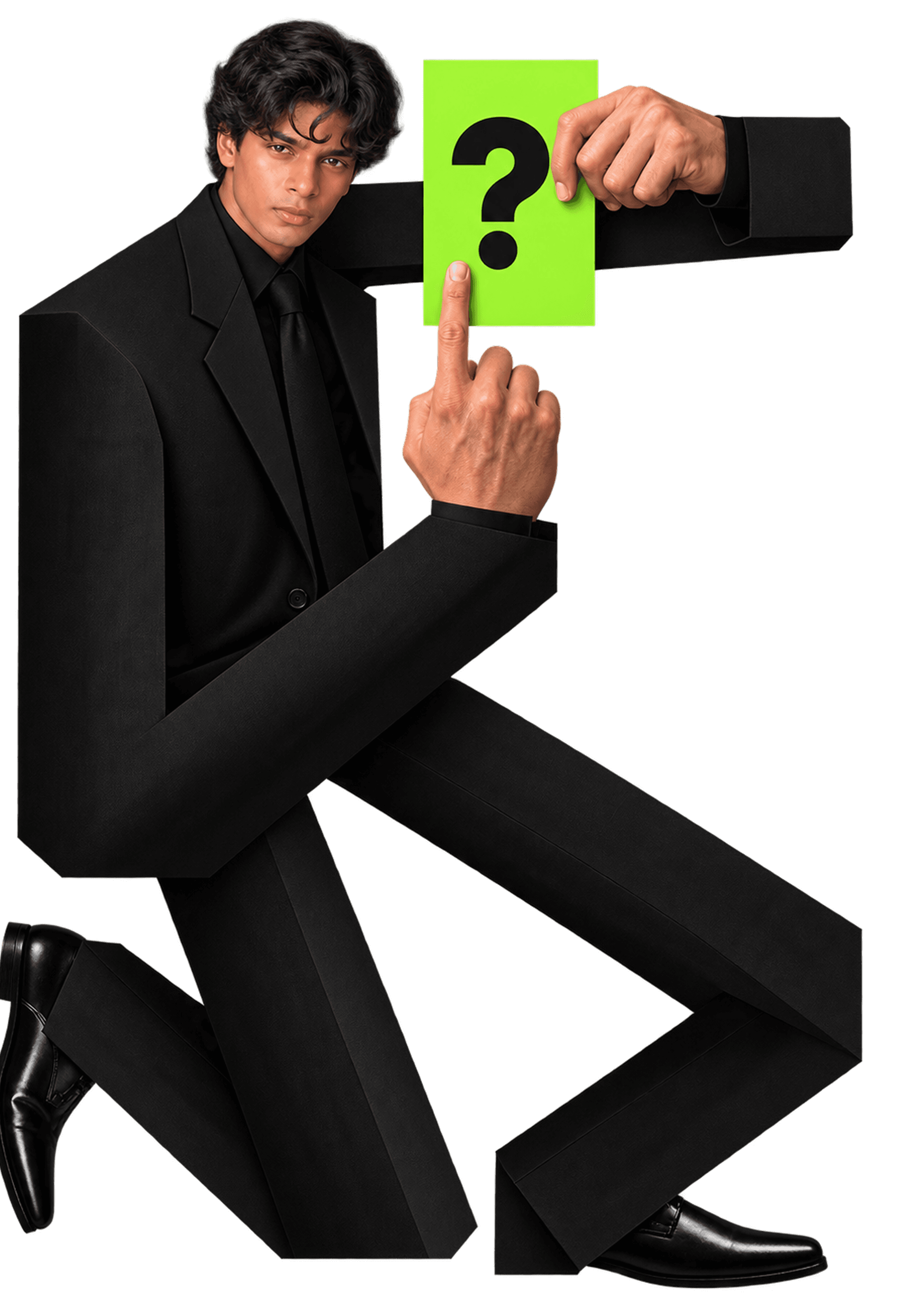 Goutham in a black suit, holding up a green card with a question mark