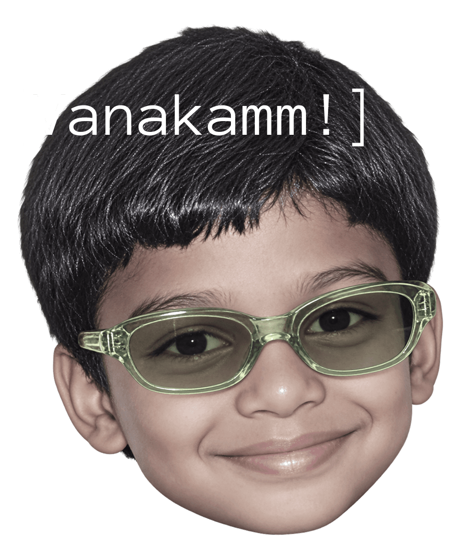 Goutham smiling in green glasses, greeting you with Vanakamm!