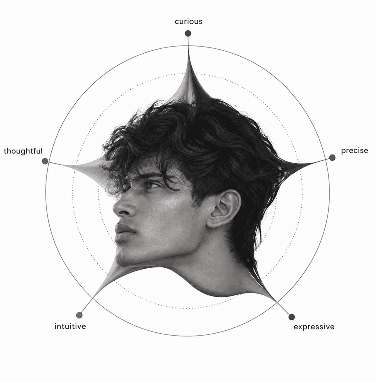 Goutham - portrait framed by a radar of flowy, deep, edgy, playful and moody